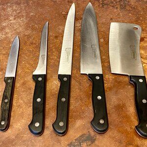 Vintage LC GERMAIN Japanese Chefs Knife Cleaver Set Fine Stainless Steel 5 piece